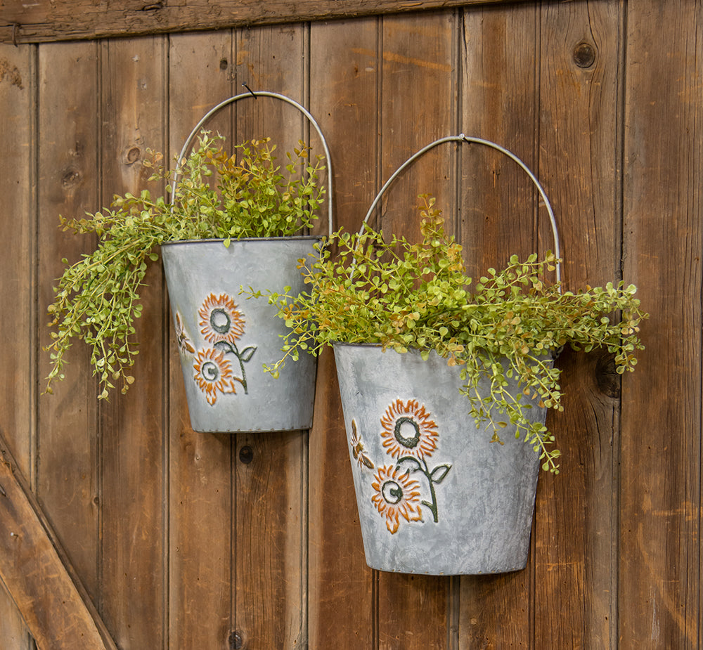 2/Set, Washed Metal Sunflower & Bee Wall Buckets
