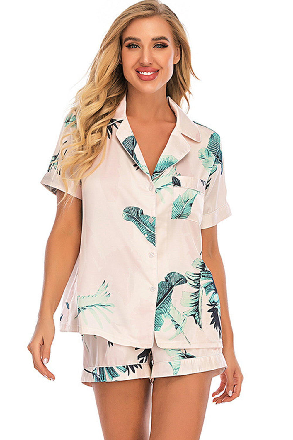 Printed Button Up Short Sleeve Top and Shorts Lounge Set