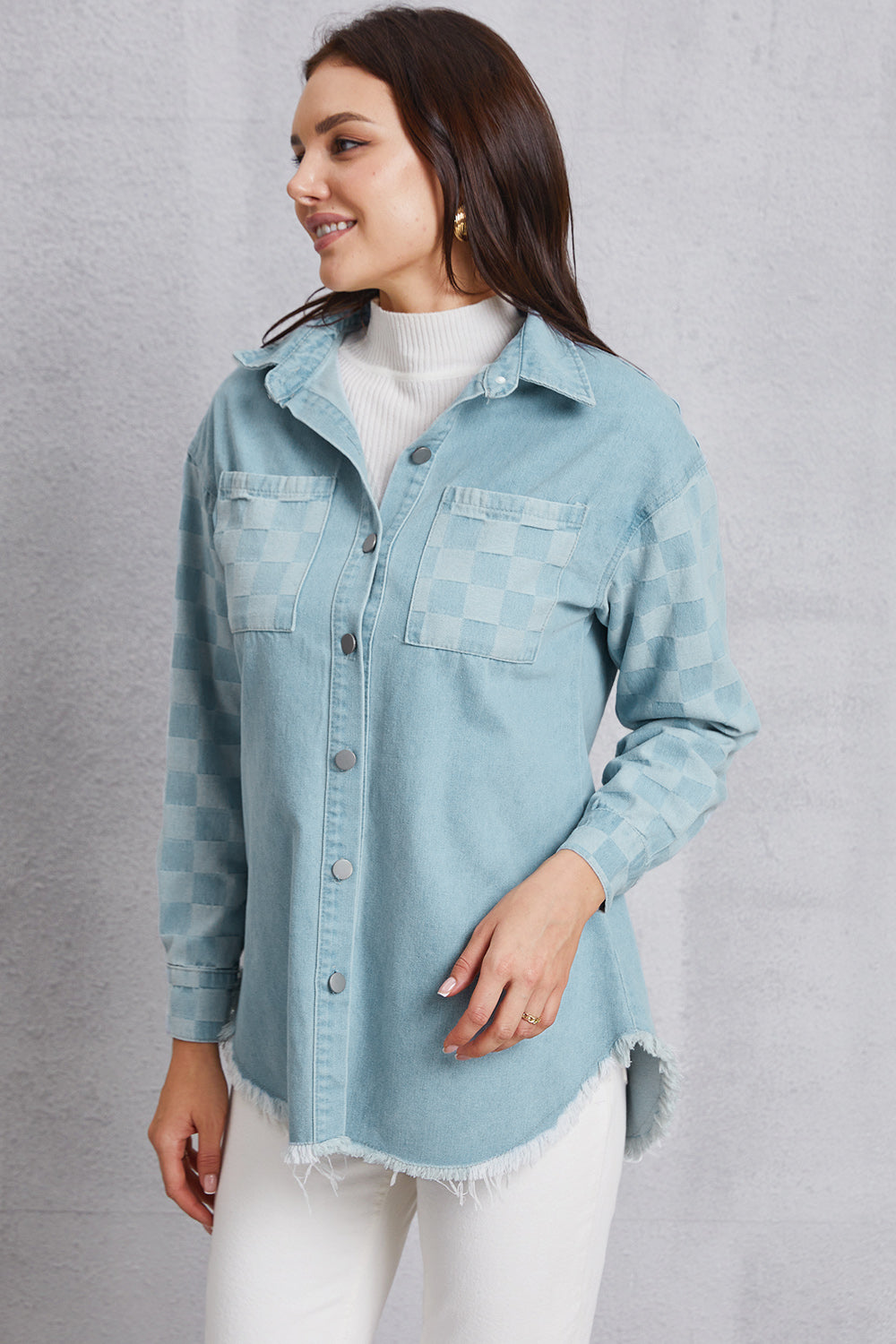 Raw Hem Checkered Dropped Shoulder Denim Jacket