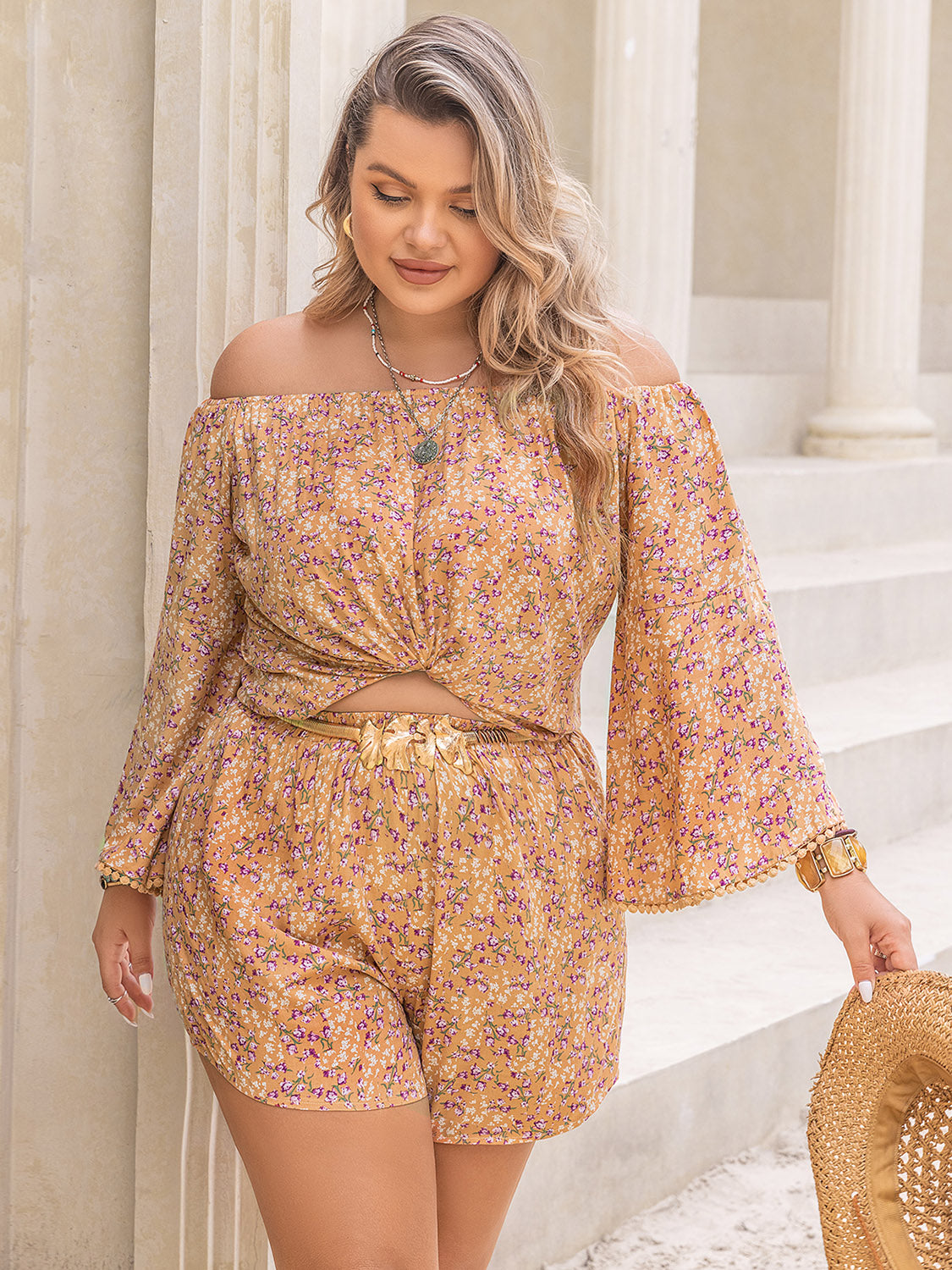 Plus Size Printed Off-Shoulder Top and Shorts Set