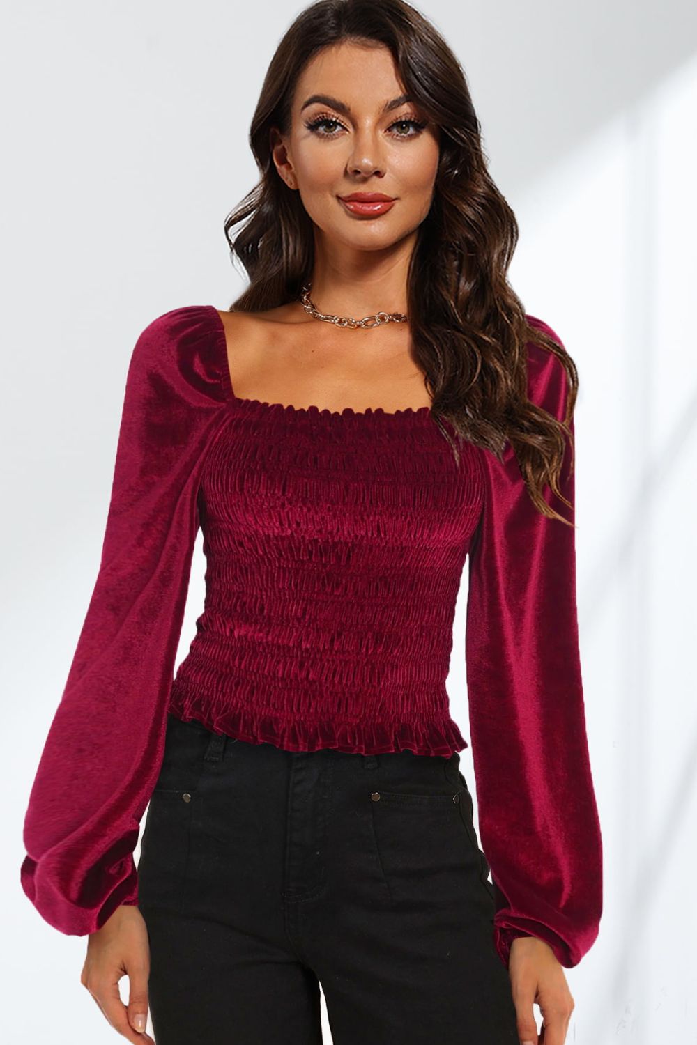 Smocked Square Neck Long Sleeve Blouse