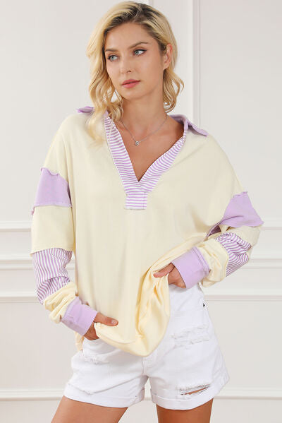 Striped Contrast Johnny Collar Dropped Shoulder Sweatshirt