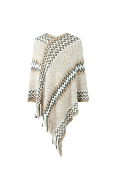 Fringe Hem Striped Cape Sleeve Poncho