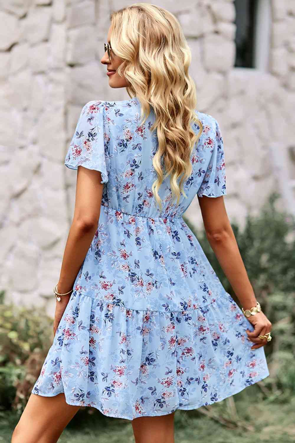 Floral Notched Flutter Sleeve Mini Dress