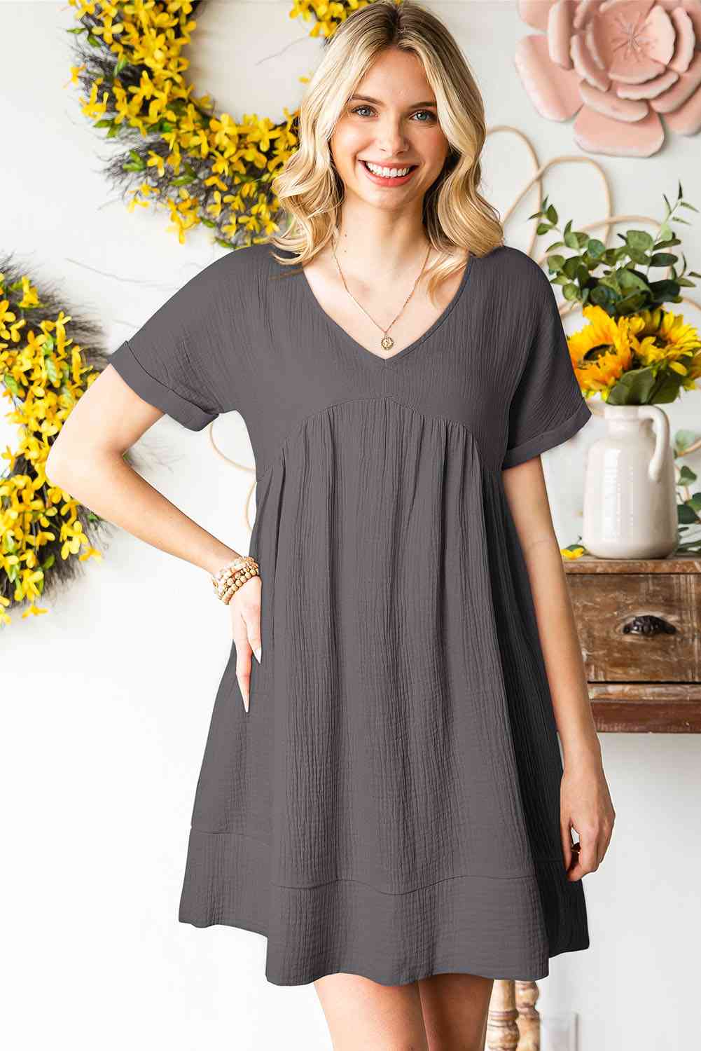 V-Neck Short Sleeve Mini Dress