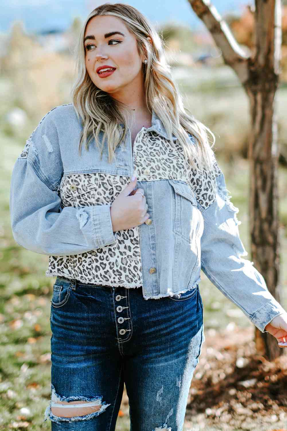 Plus Size Leopard Raw Hem Distressed Spliced Denim Jacket