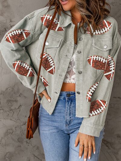 Football Sequin Button Up Dropped Shoulder Jacket