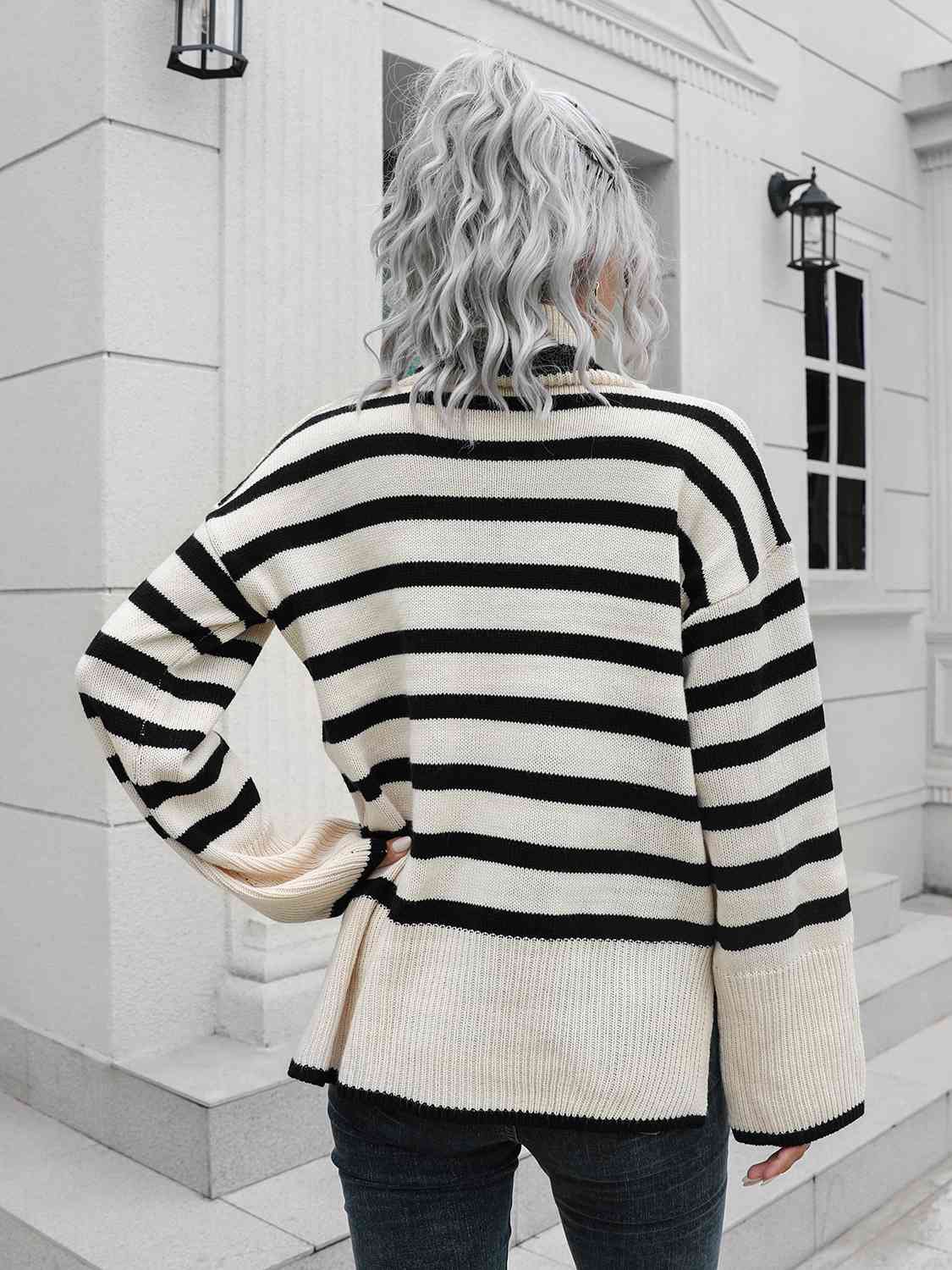 Striped Slit Turtleneck Drop Shoulder Sweater