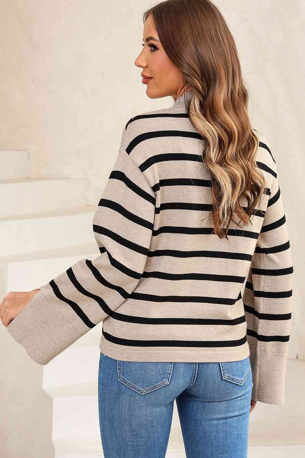 Striped Slit Drop Shoulder Sweater