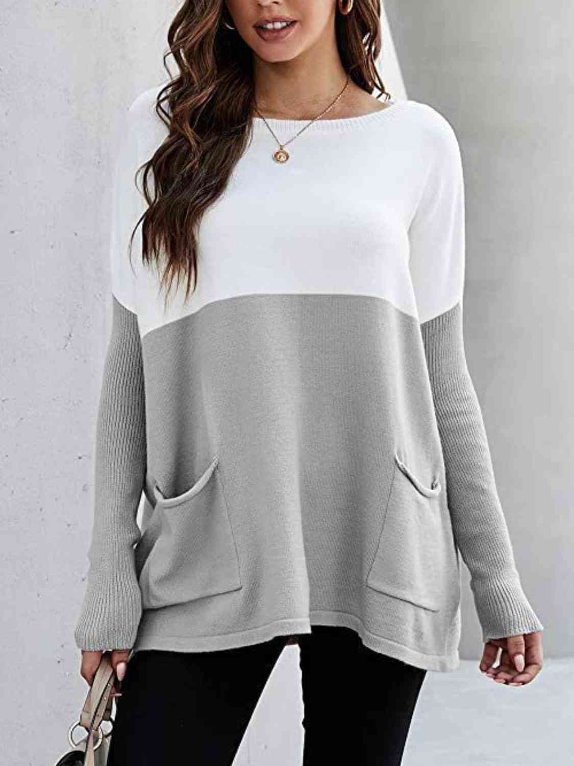 Two Tone Pullover Sweater with Pockets