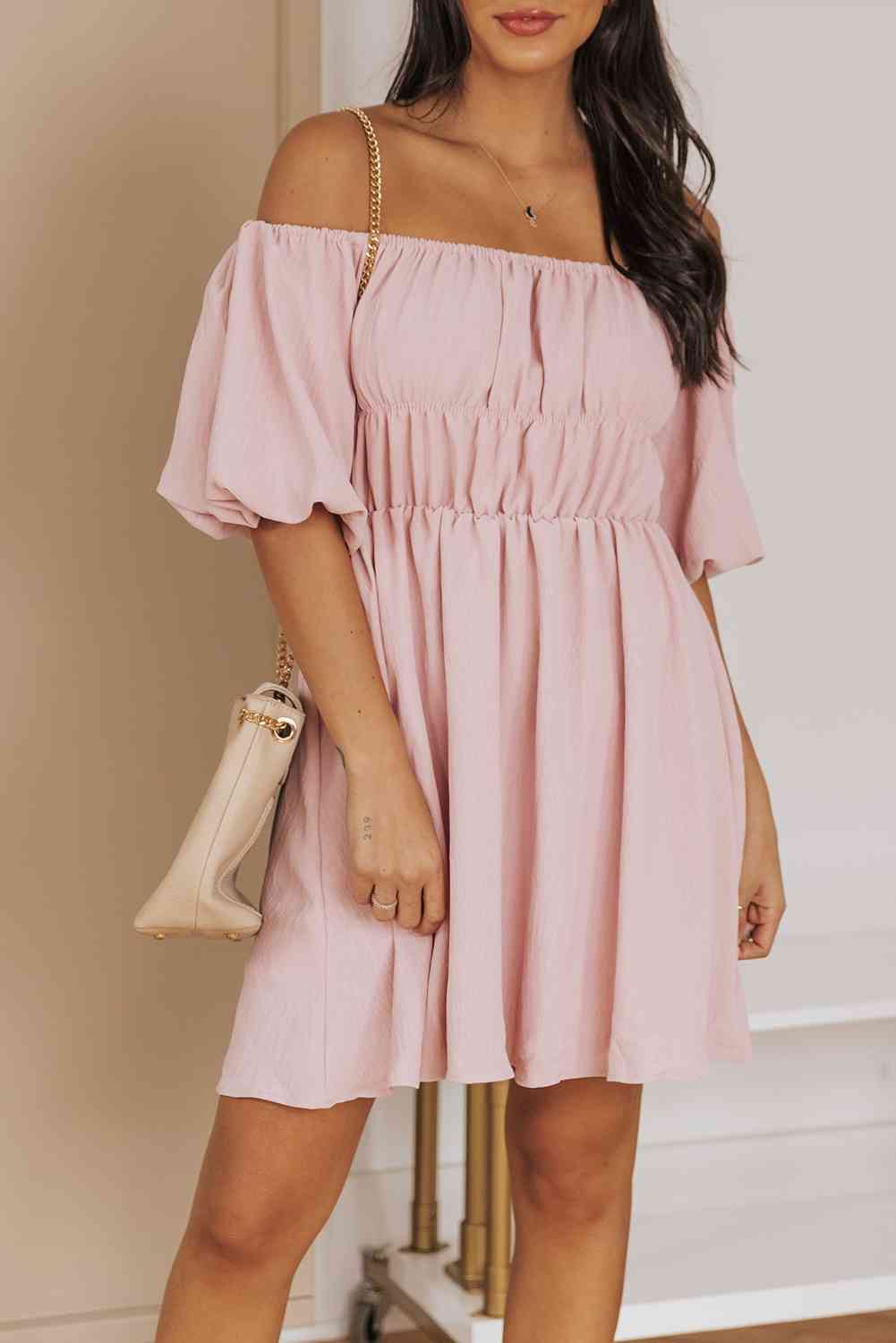 Off-Shoulder Balloon Sleeve Mini Dress