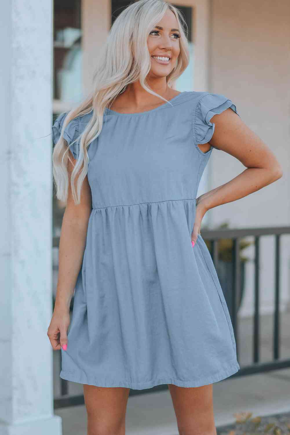 Flutter Sleeve Ruched Mini Dress