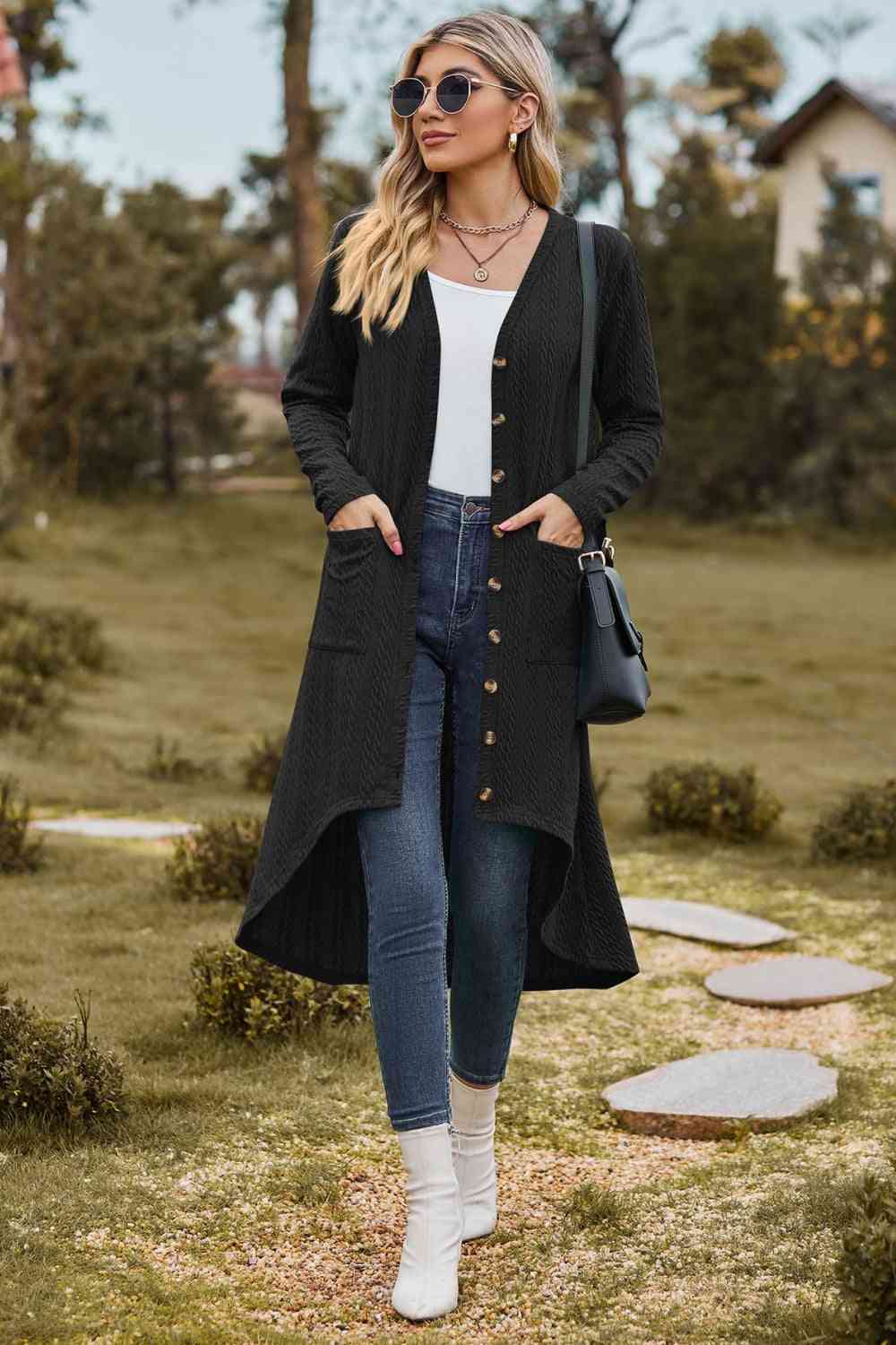 V-Neck Long Sleeve Cardigan with Pocket