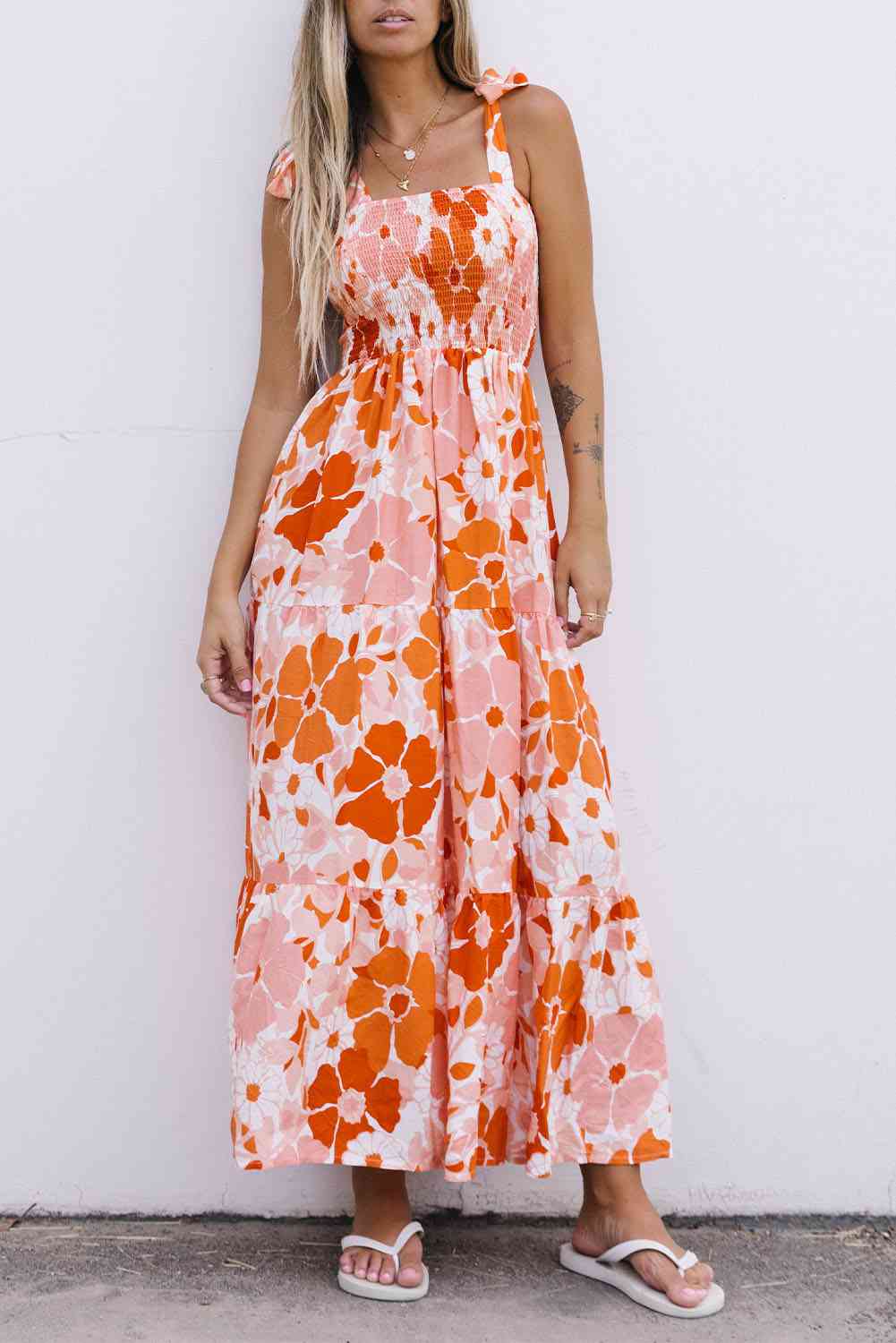 Floral Tie-Shoulder Smocked Maxi Dress