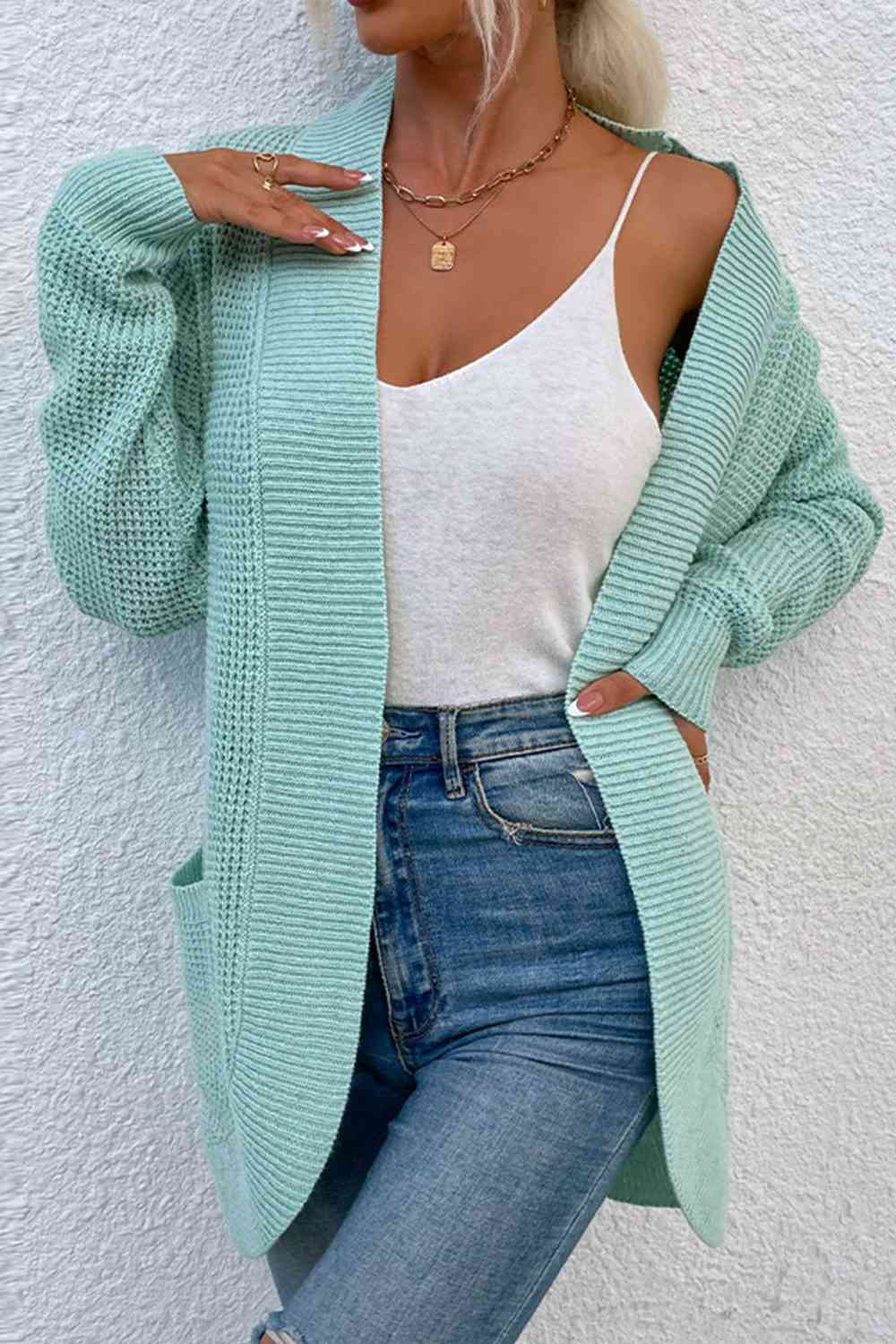 Open Front Rib-Knit Cardigan with Pockets