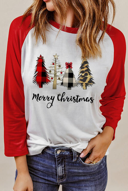 Christmas Tree Graphic Round Neck Long Sleeve T-Shirt