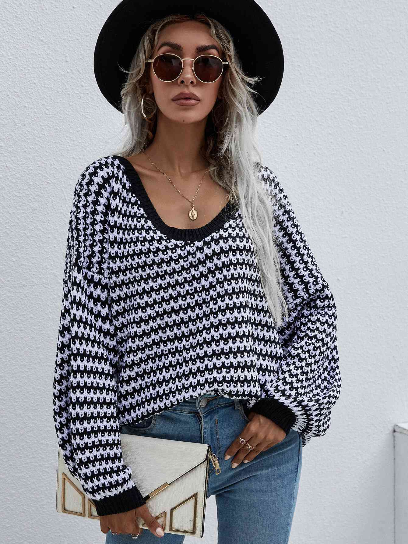 Striped Drop Shoulder V-Neck Pullover Sweater