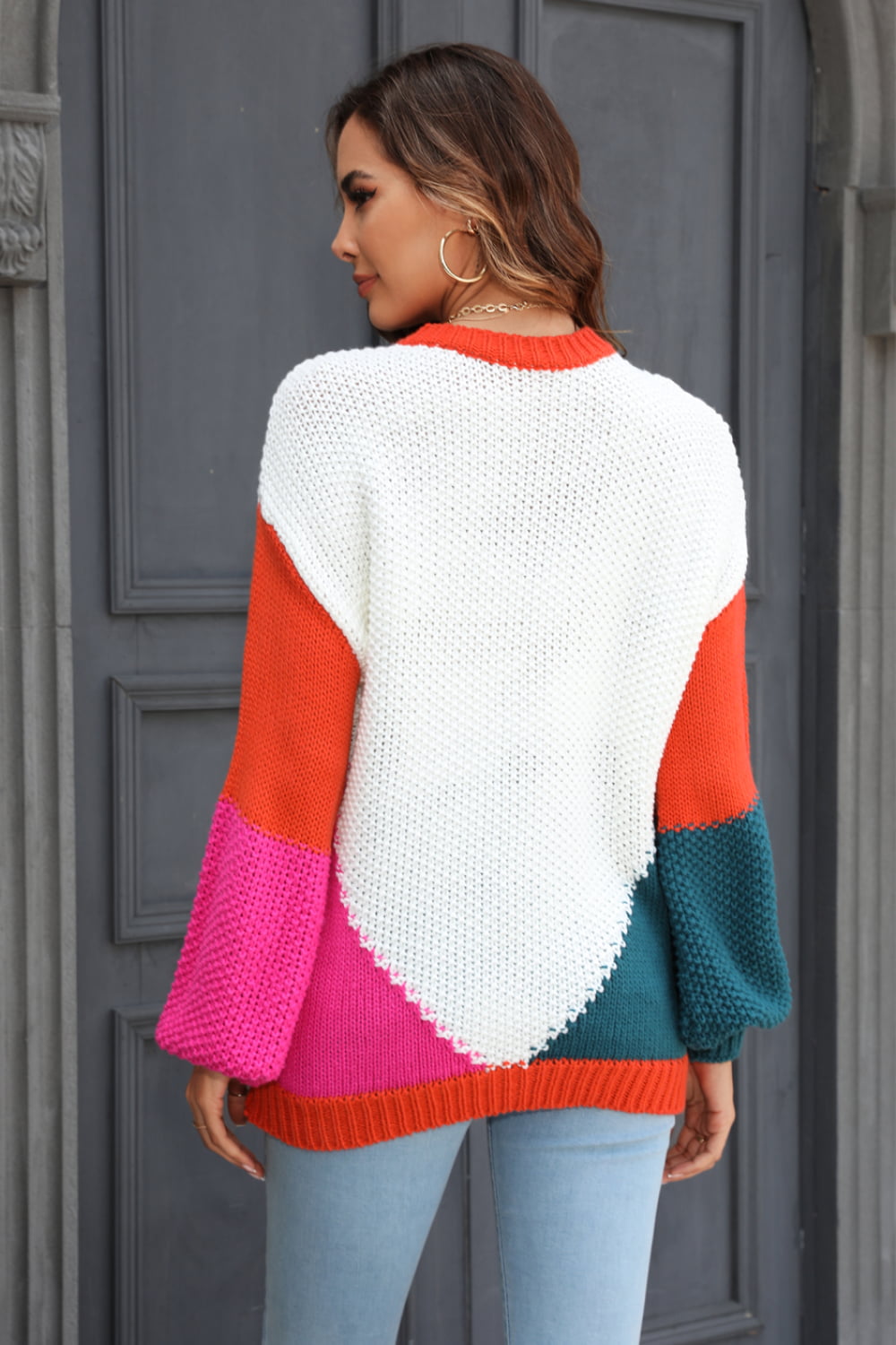 Double Take Color Block Round Neck Drop Shoulder Sweater