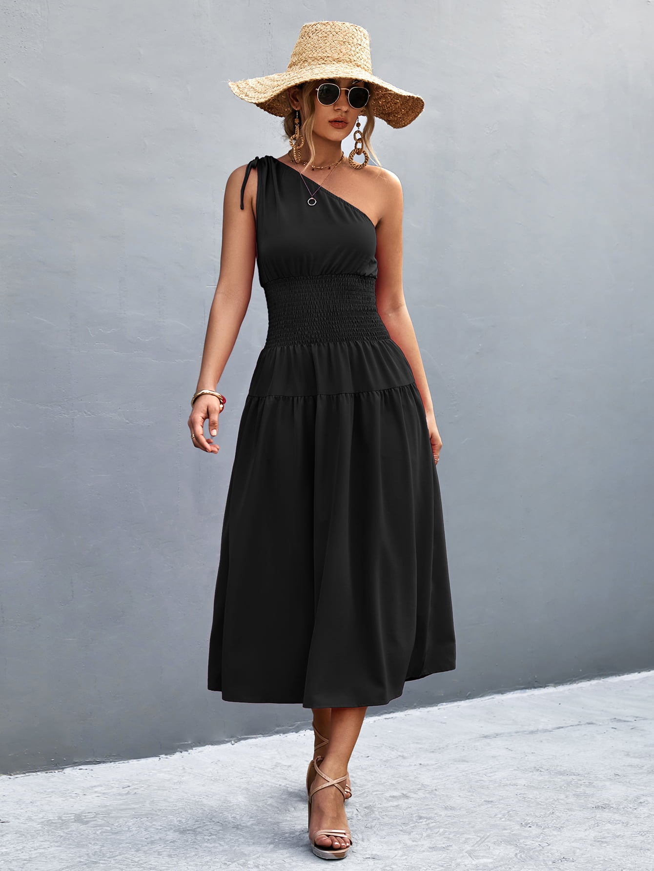 asymmetrical smocked bodice midi dress & Other Stories linen blend asymmetric hem midi dress with ruched bodice and volume sleeves in green