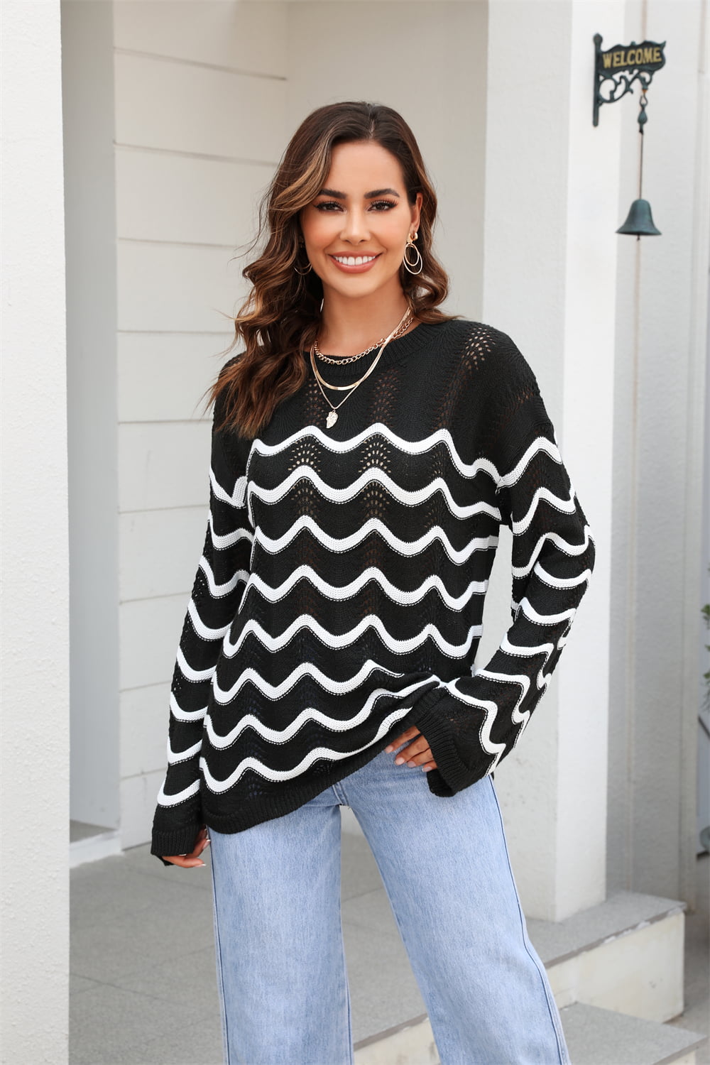 Wave Pattern Round Neck Long Sleeve Sweater