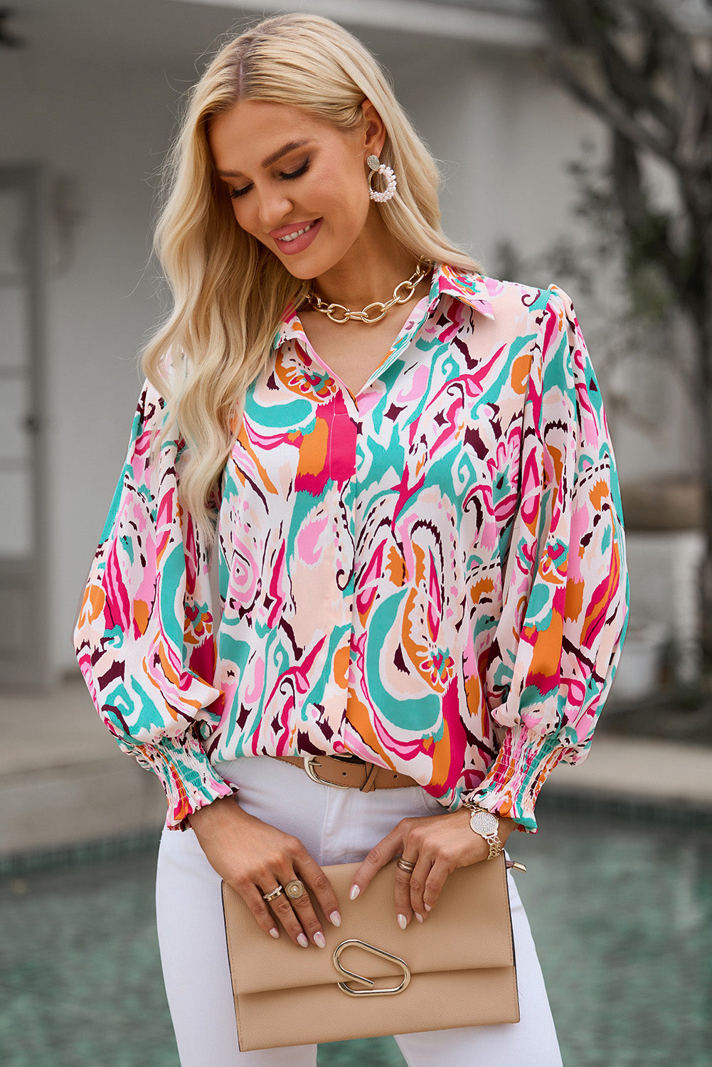 Printed Puff Sleeve Collared Blouse