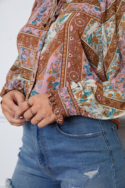 Printed Tie Neck Button Up Long Sleeve Blouse