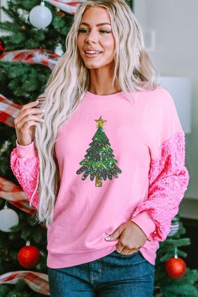 Christmas Tree Sequin Round Neck Sweatshirt