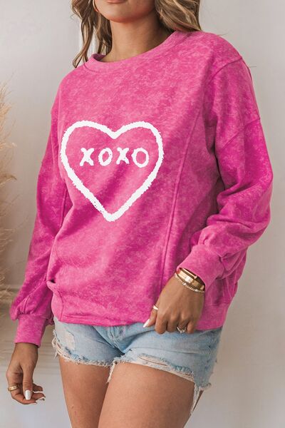 XOXO Heart Graphic Round Neck Long Sleeve Sweatshirt