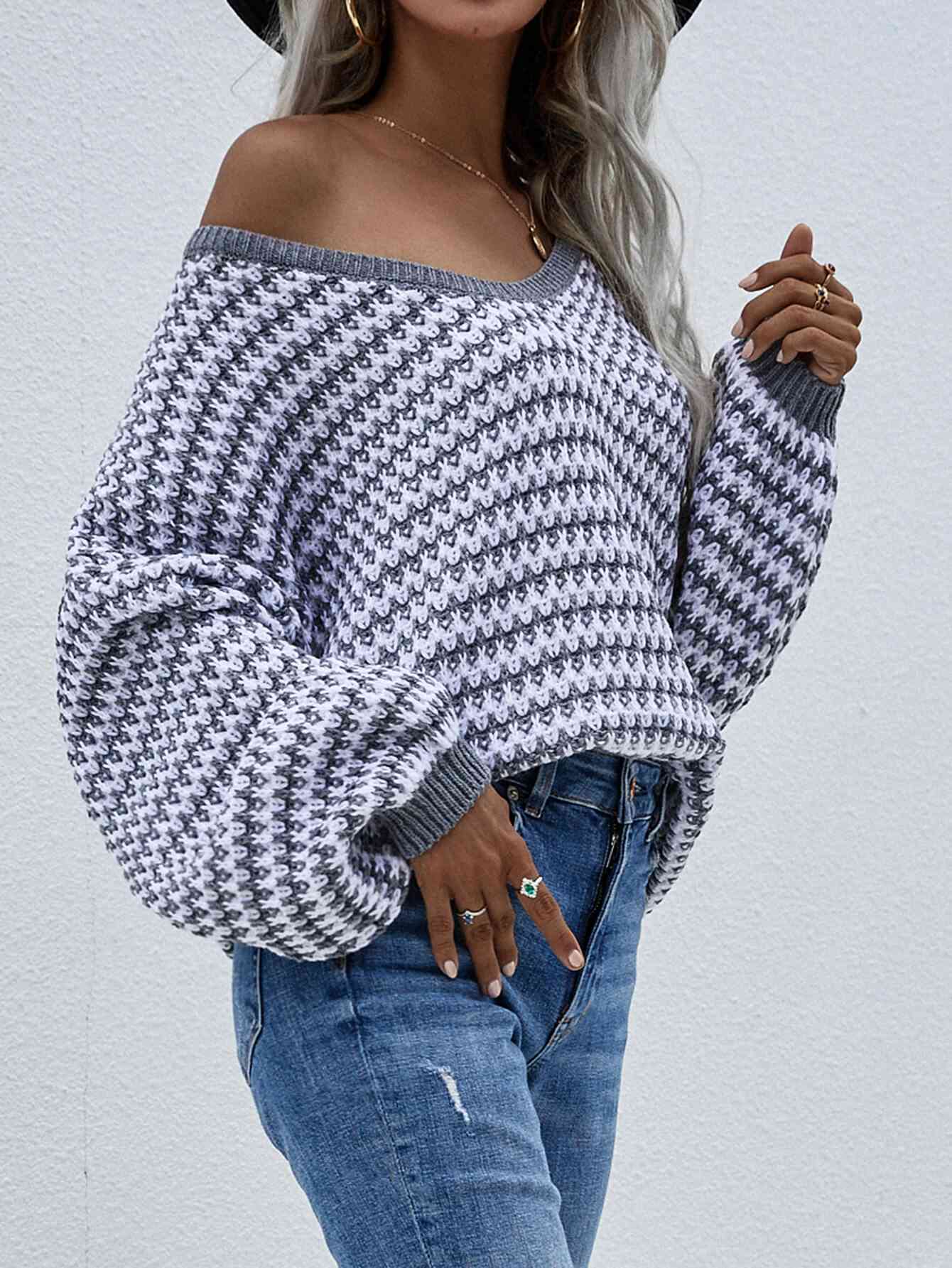 Striped Drop Shoulder V-Neck Pullover Sweater