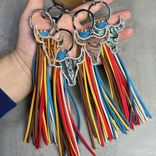 Rhinestone Bull Keychain with Tassel