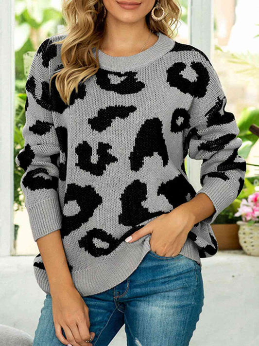 Drop Shoulder Leopard Pullover Sweater