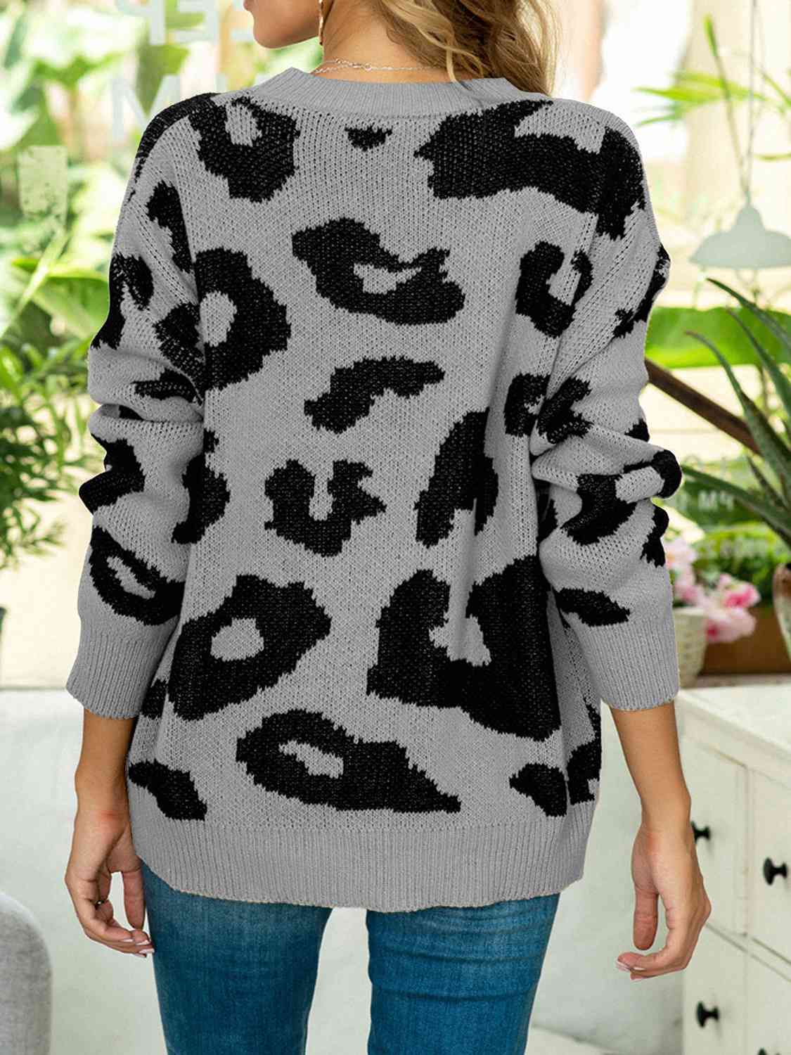 Drop Shoulder Leopard Pullover Sweater