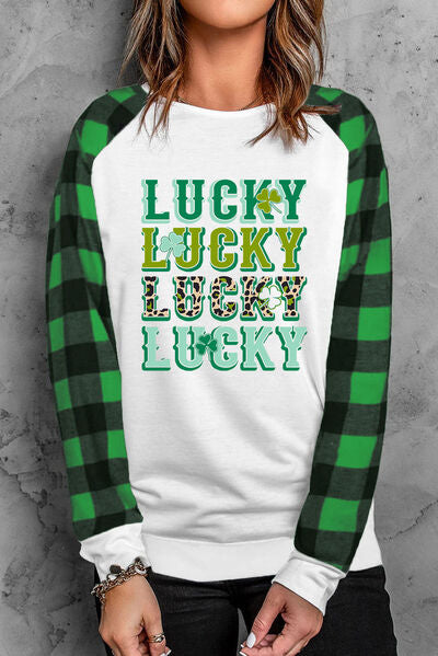 LUCKY Plaid Round Neck Raglan Sleeve T-Shirt