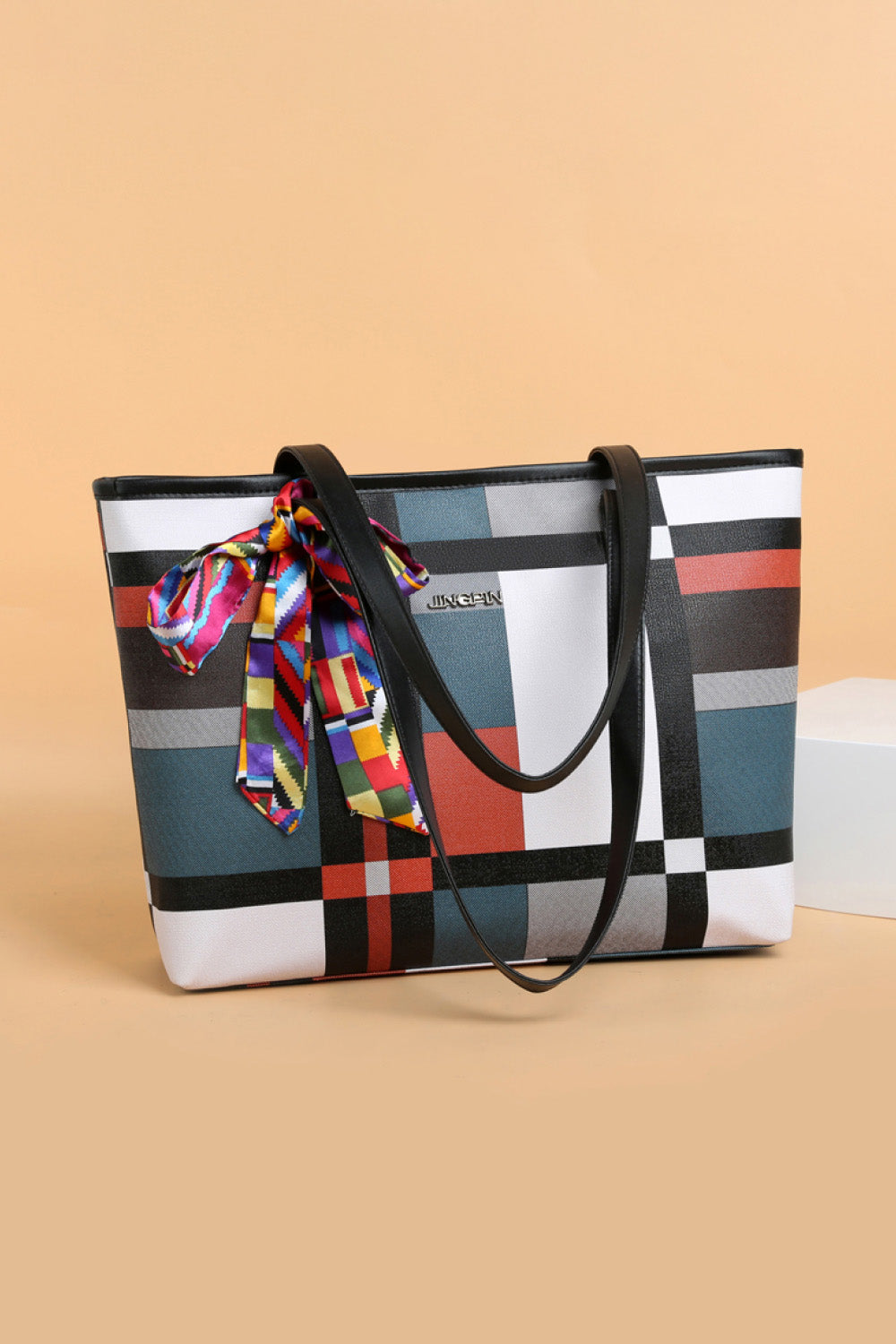 Color Block Tie Detail PU Leather Tote Bag