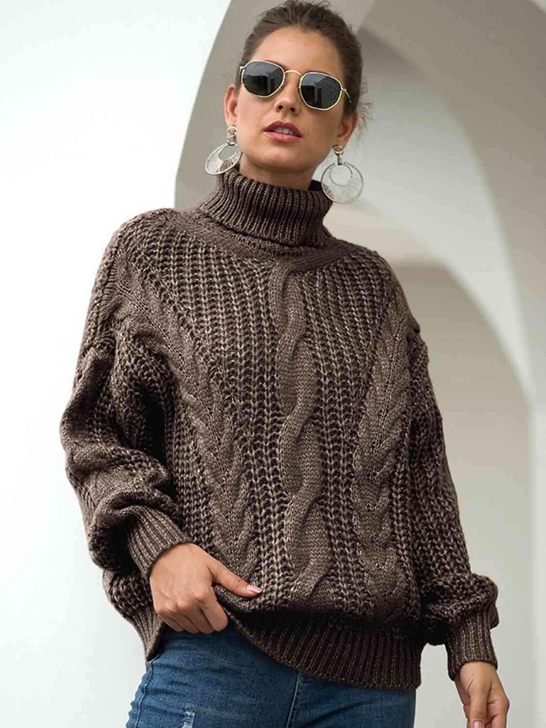 Turtleneck Cable-Knit Dropped Shoulder Sweater