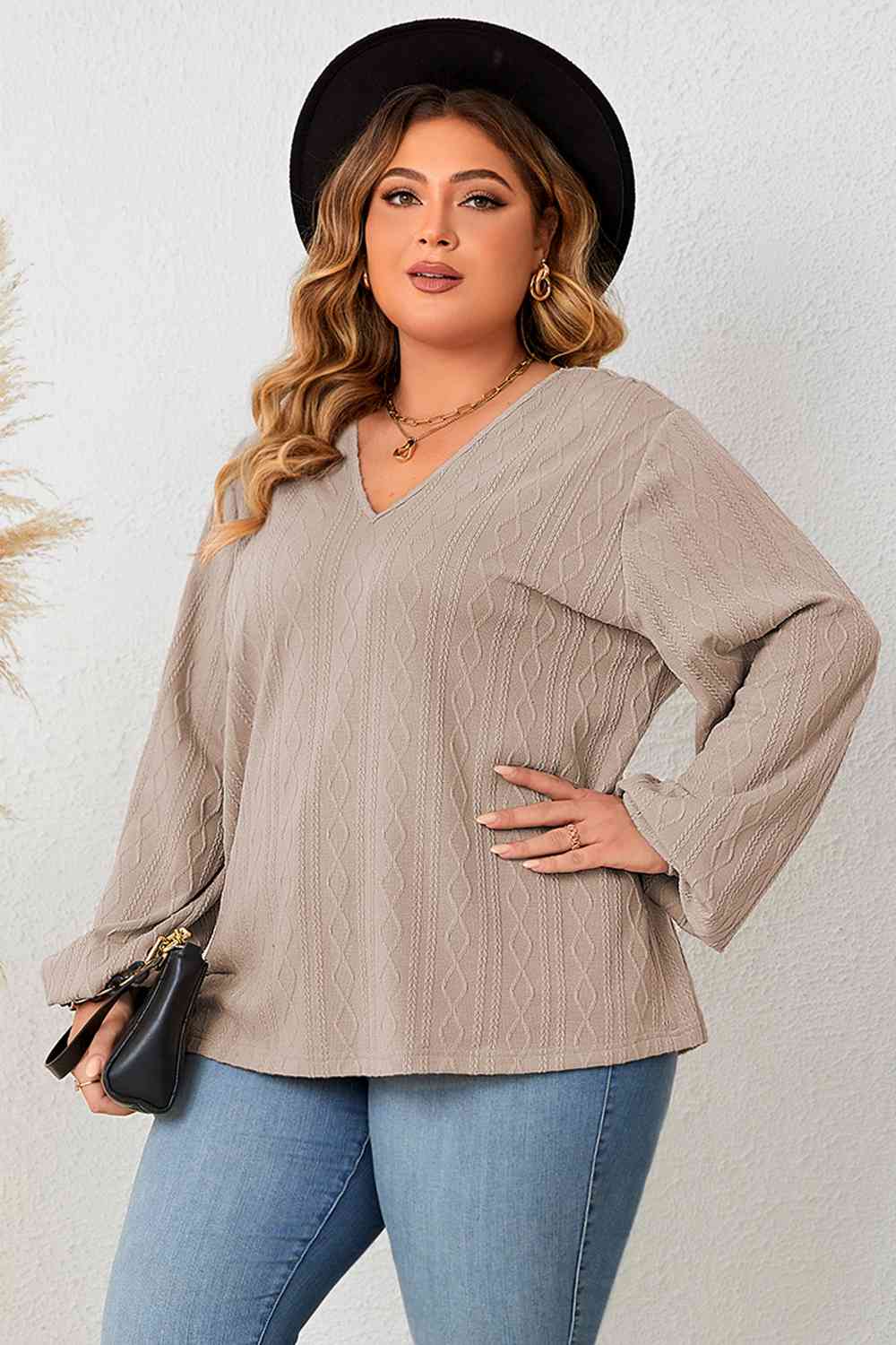 Plus Size Lace Detail V-Neck Long Sleeve Blouse