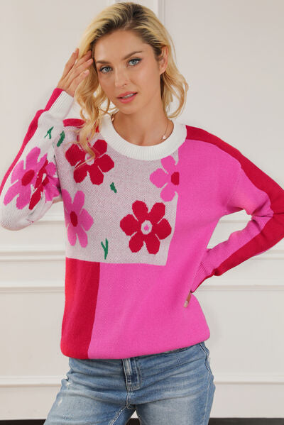 Floral Round Neck Dropped Shoulder Sweater