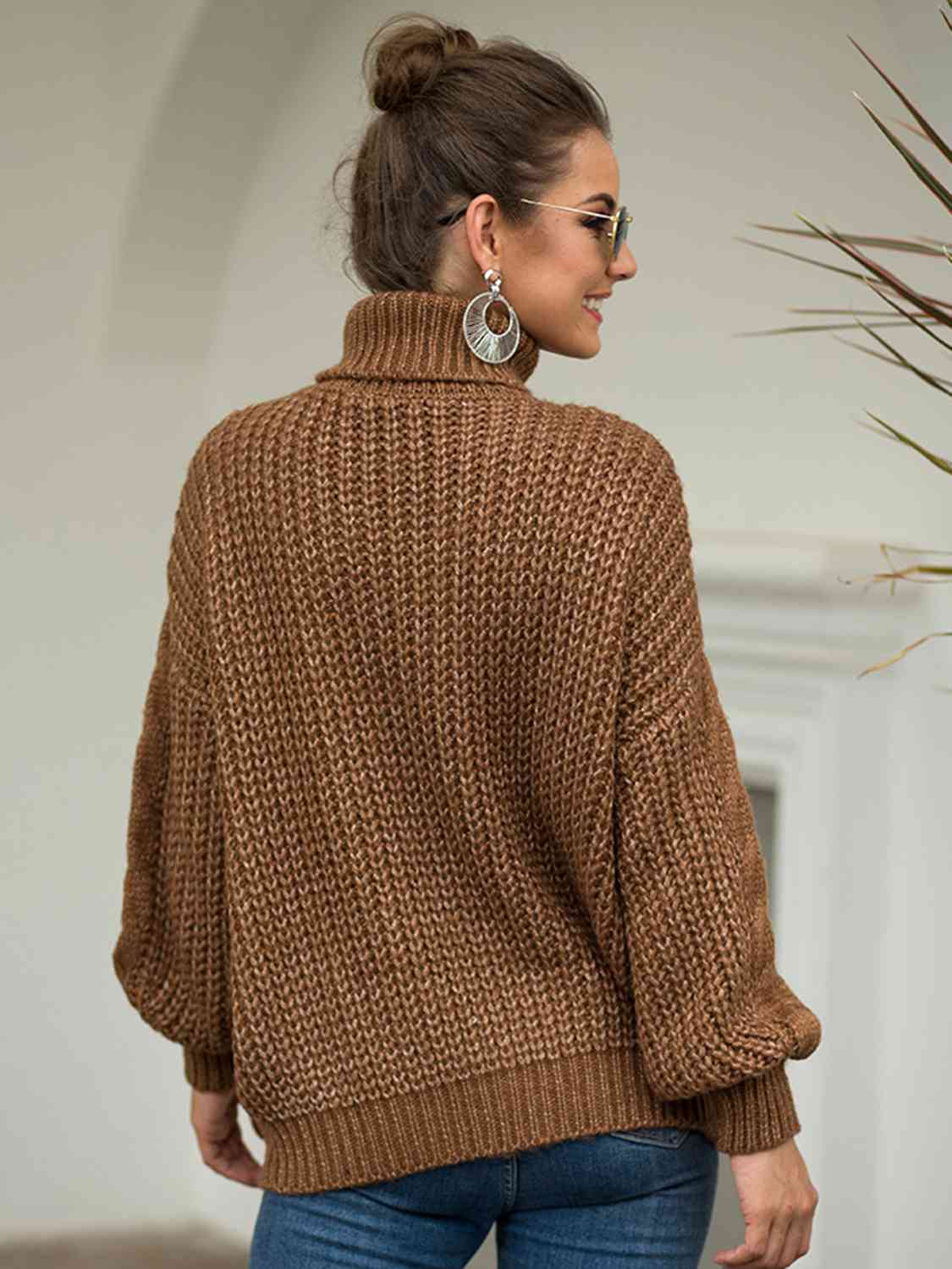 Turtleneck Cable-Knit Dropped Shoulder Sweater