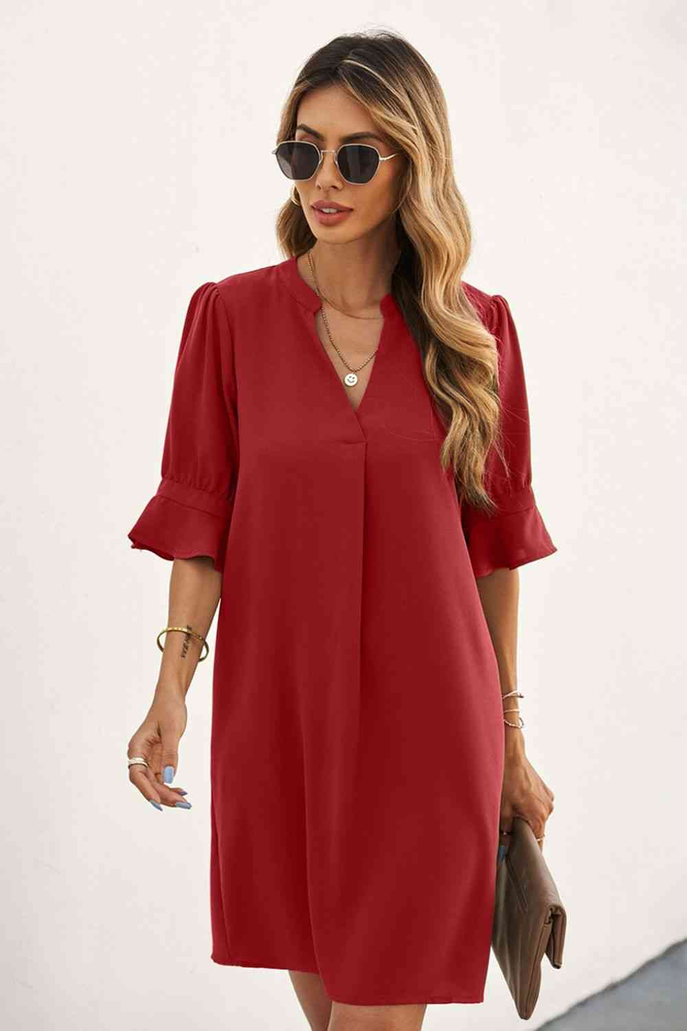 Puff Sleeve Notched Mini Shift Dress