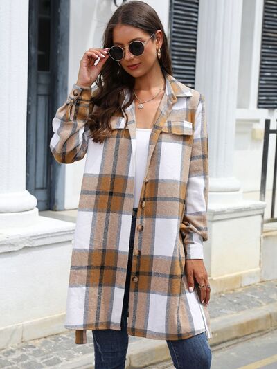 Plaid Belted Collared Neck Button Up Jacket