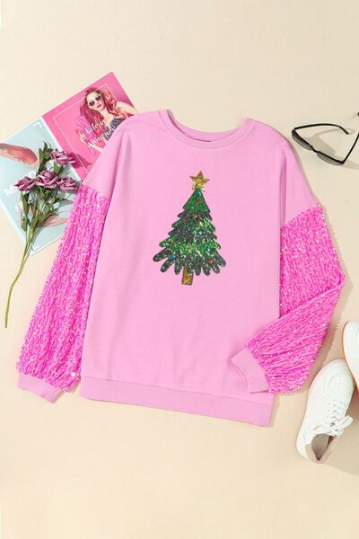 Christmas Tree Sequin Round Neck Sweatshirt
