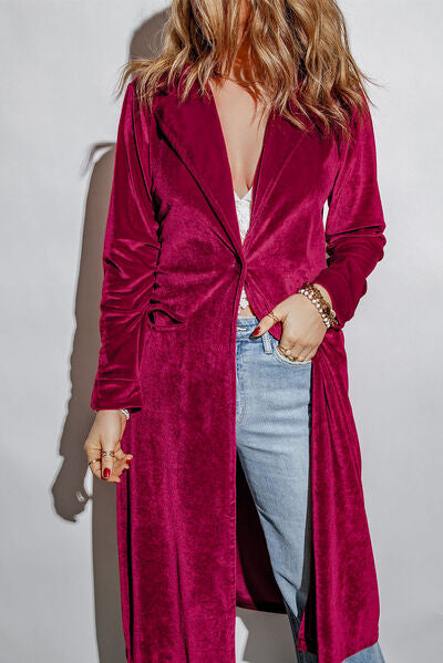 Collared Neck Longline Velvet Cardigan with Pockets