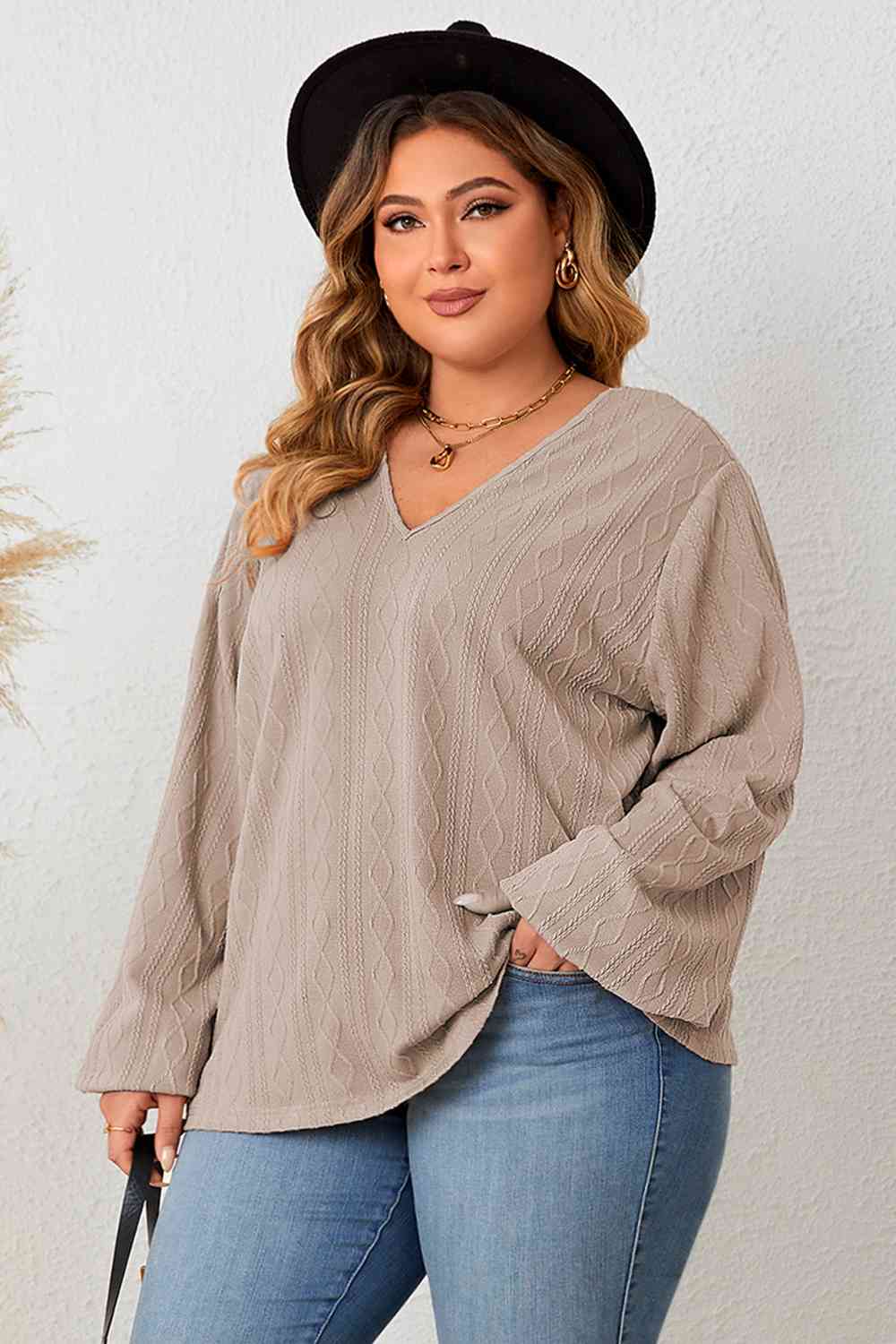 Plus Size Lace Detail V-Neck Long Sleeve Blouse