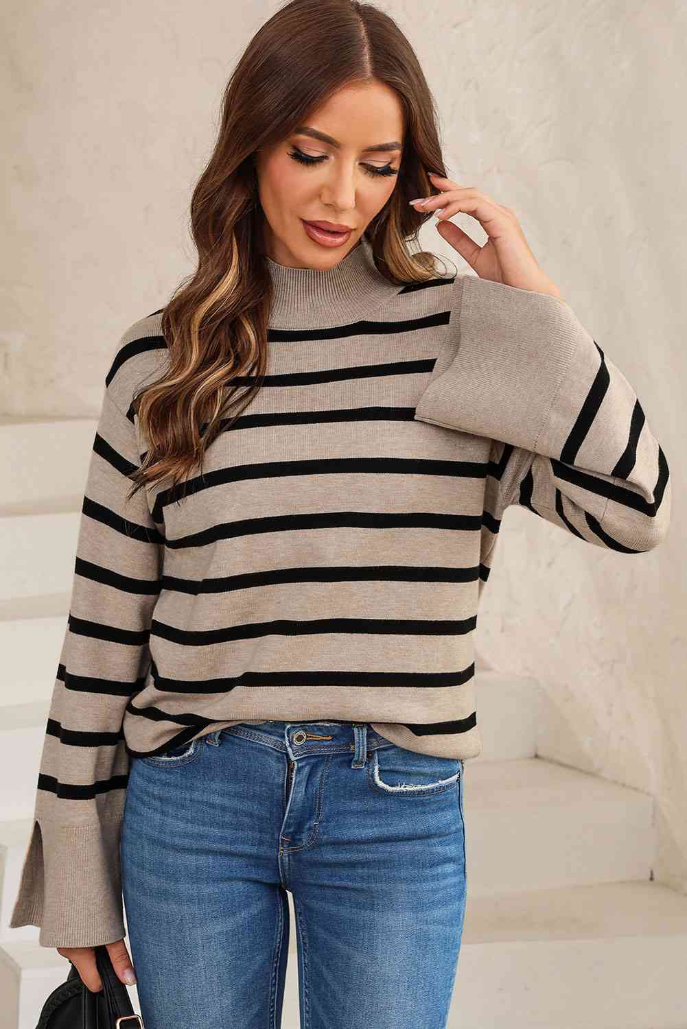 Striped Slit Drop Shoulder Sweater