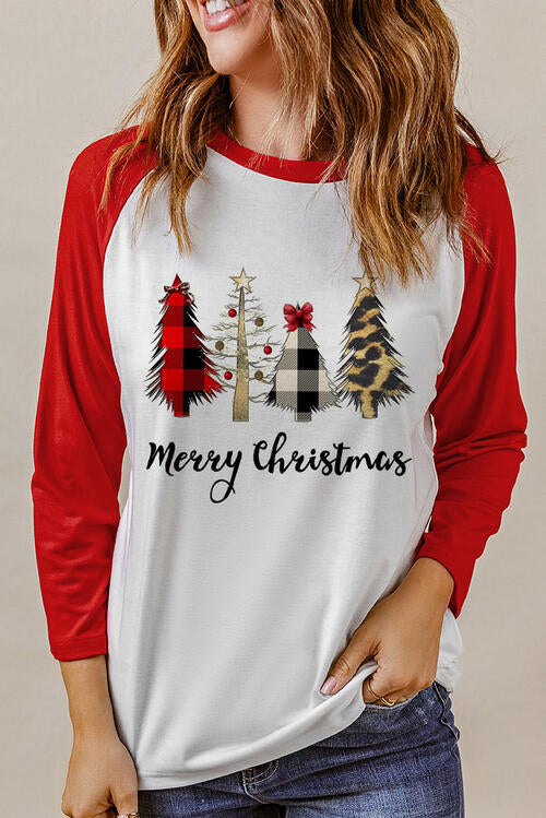 Christmas Tree Graphic Round Neck Long Sleeve T-Shirt