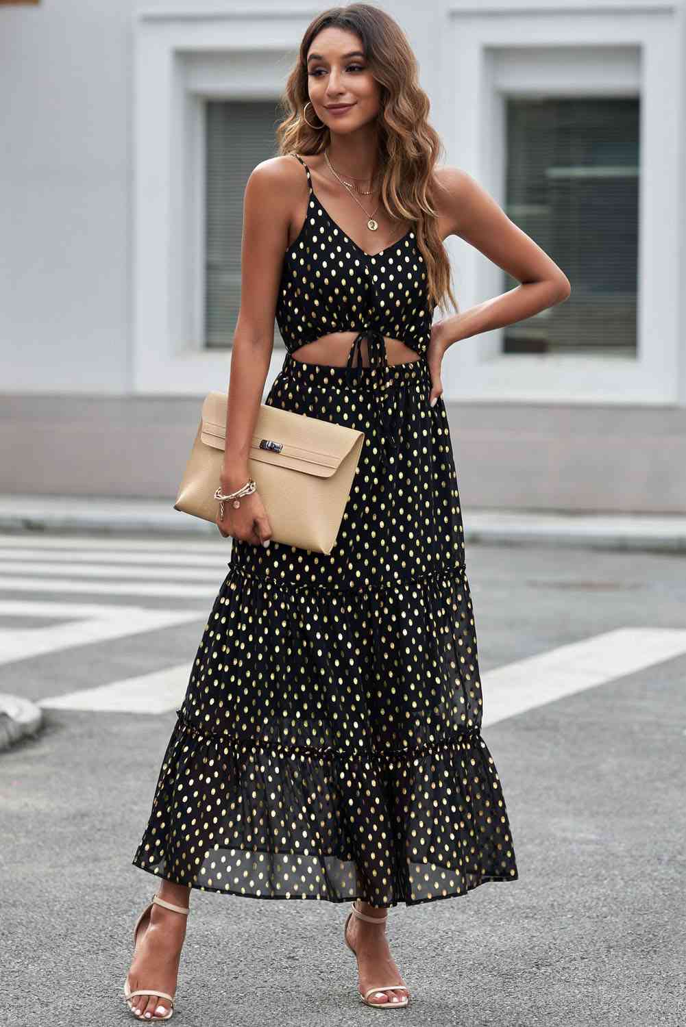 Polka Dot Cutout Spaghetti Strap Tiered Maxi Dress