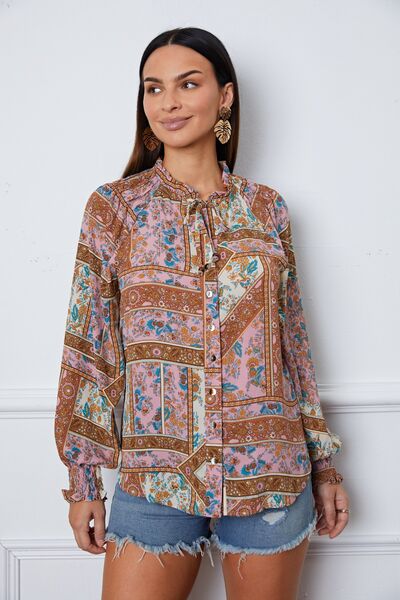 Printed Tie Neck Button Up Long Sleeve Blouse